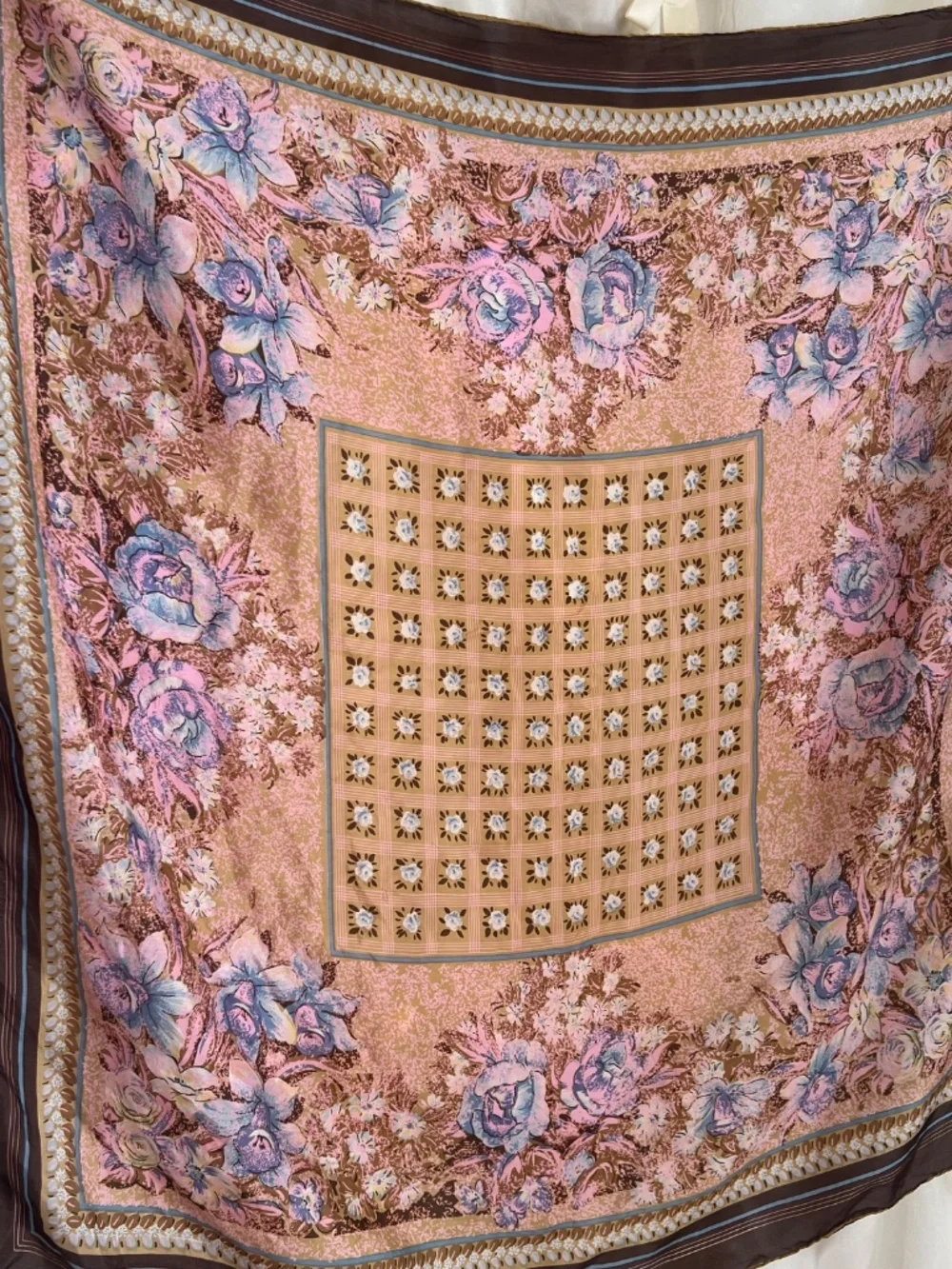 Pure Silk Pink Floral Square Scarf Romantic Cottage Bandana Top